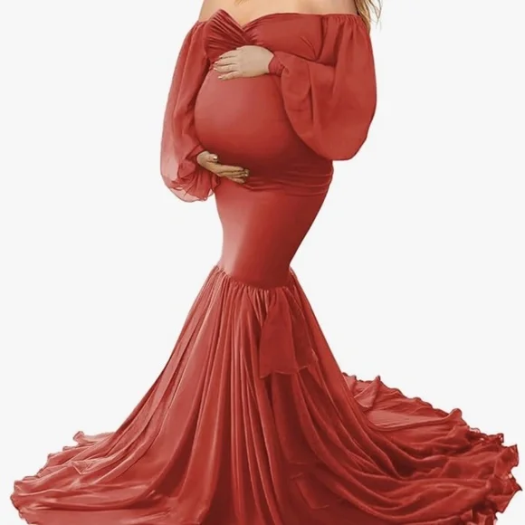 Dresses | Saslax Maternity Dress For Photoshoot Off Shoulder Chiffon Long  Sleeves And Tier | Poshmark